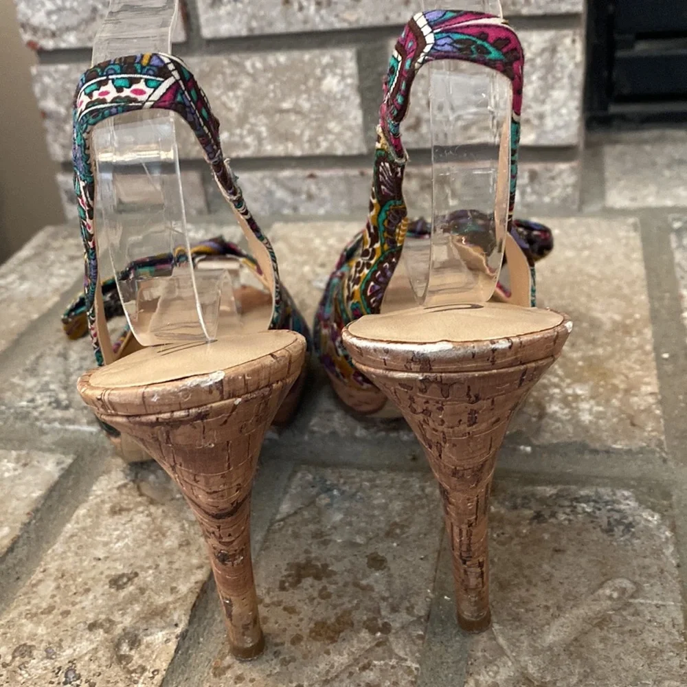 unisa paisley sling back heels with cork heel size 6.5